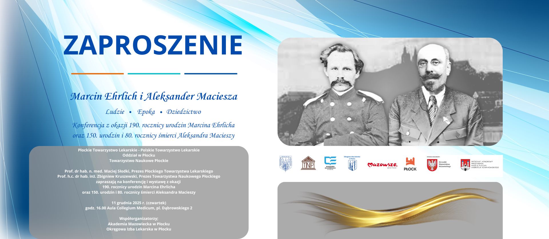 grafika promująca Konferencję z okazji 190. rocznicy urodzin Marcina Ehrlicha oraz 150. urodzin i 80. rocznicy śmierci Aleksandra Macieszy.